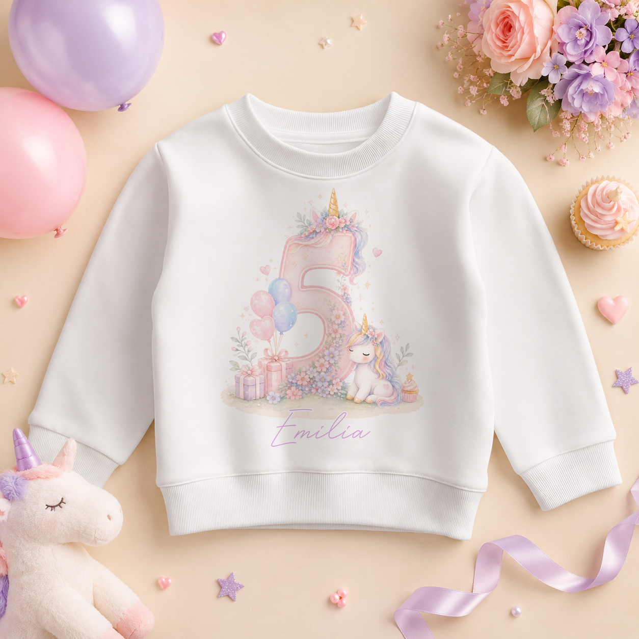 Personalised 5th Birthday Pastel Unicorn Kids Sweatshirt for Girls, Magical Jumper with Name and Age