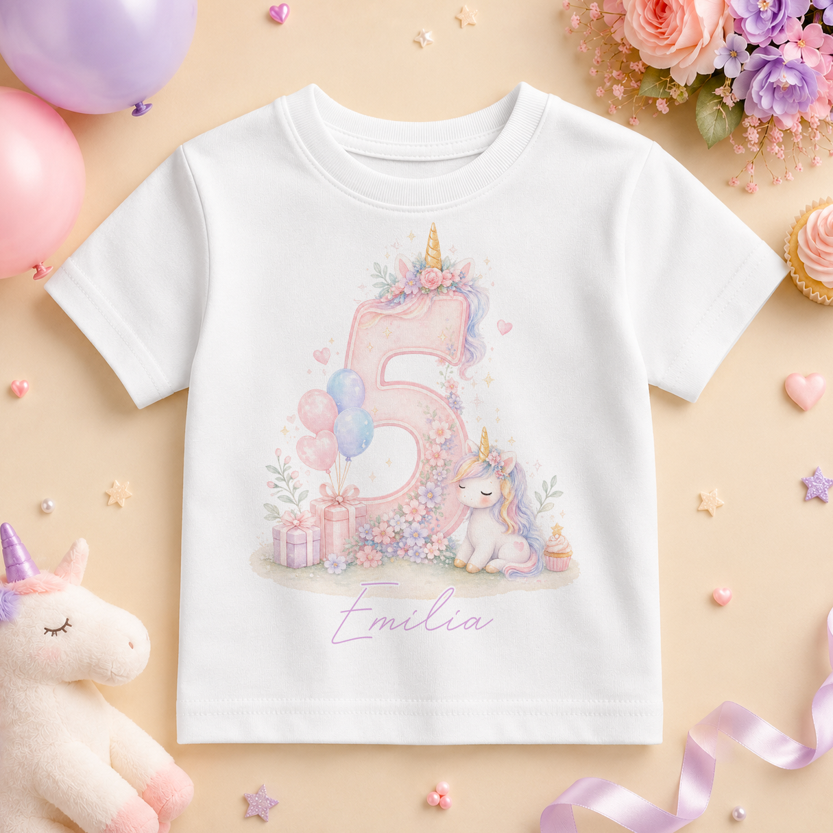 Personalised 5th Birthday Pastel Unicorn Kids T-Shirt for Girls, Magical Top with Name and Age