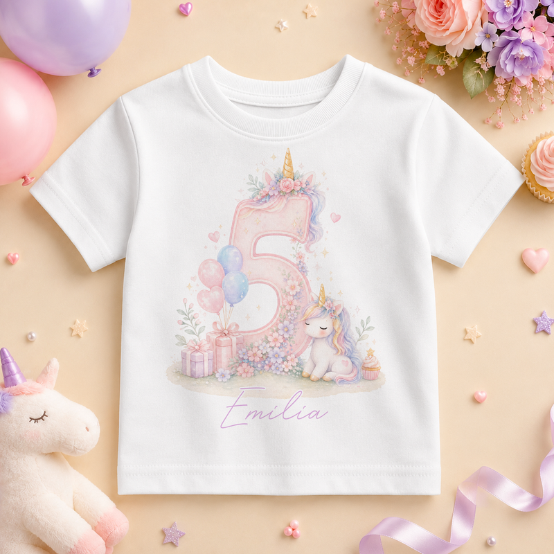 Personalised 5th Birthday Pastel Unicorn Kids T-Shirt for Girls, Magical Top with Name and Age