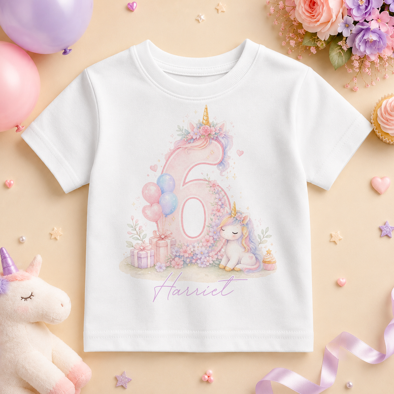 Personalised 6th Birthday Pastel Unicorn Kids T-Shirt for Girls, Magical Top with Name and Age