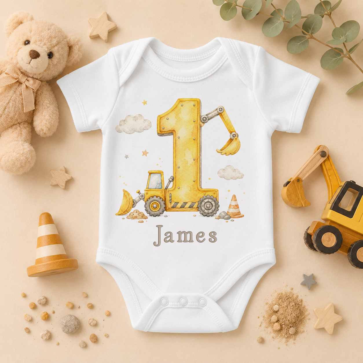 Personalised 1st Birthday Construction Digger Baby Vest Bodysuit for Boys, Number 1 with Name