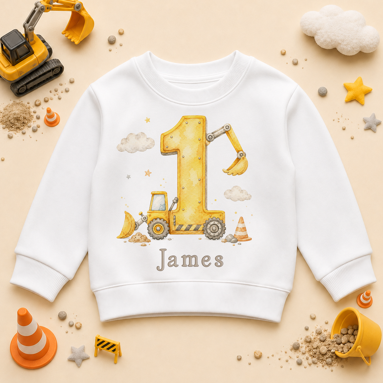 Personalised 1st Birthday Construction Digger Kids Sweatshirt for Boys, Number 1 with Name