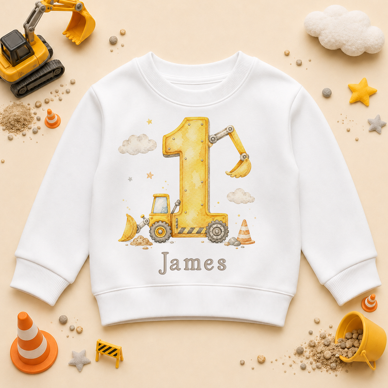 Personalised 1st Birthday Construction Digger Kids Sweatshirt for Boys, Number 1 with Name