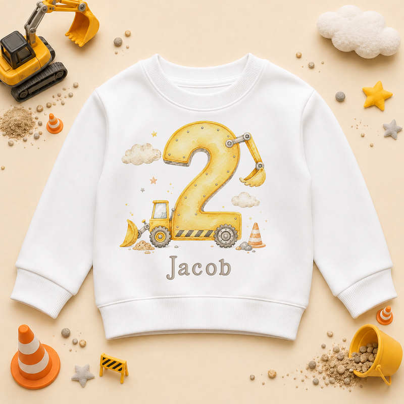 Personalised 2nd Birthday Construction Digger Kids Sweatshirt for Boys, Number 2 with Name