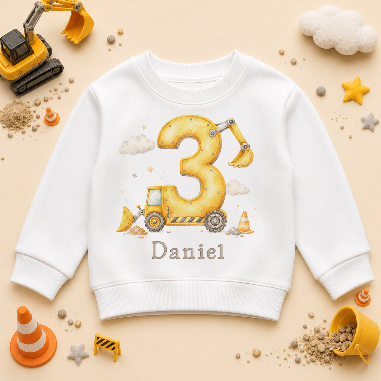 Personalised 3rd Birthday Construction Digger Kids Sweatshirt for Boys, Number 3 with Name