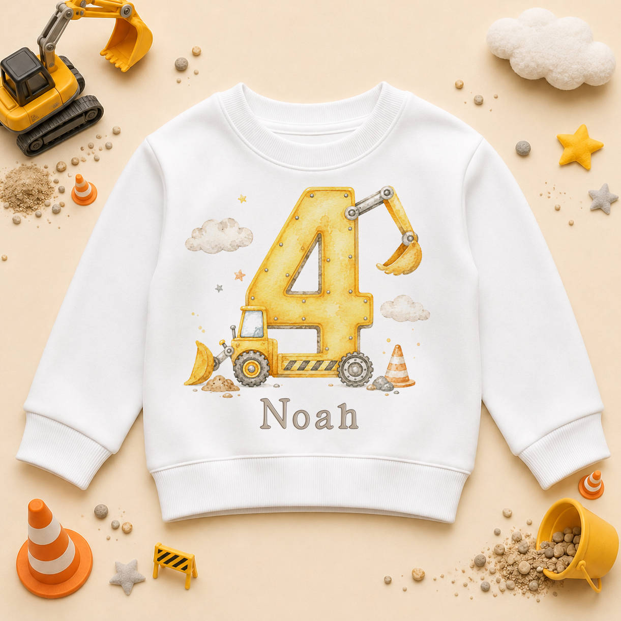Personalised 4th Birthday Construction Digger Kids Sweatshirt for Boys, Number 4 with Name