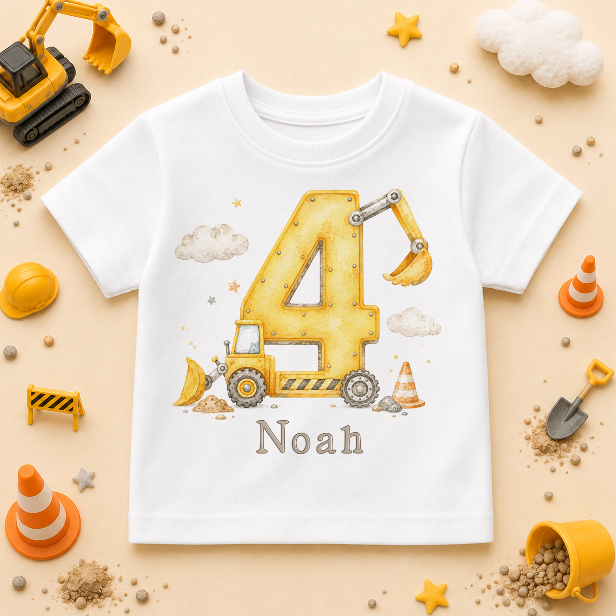 Personalised 4th Birthday Construction Digger Kids T-Shirt for Boys, Number 4 with Name