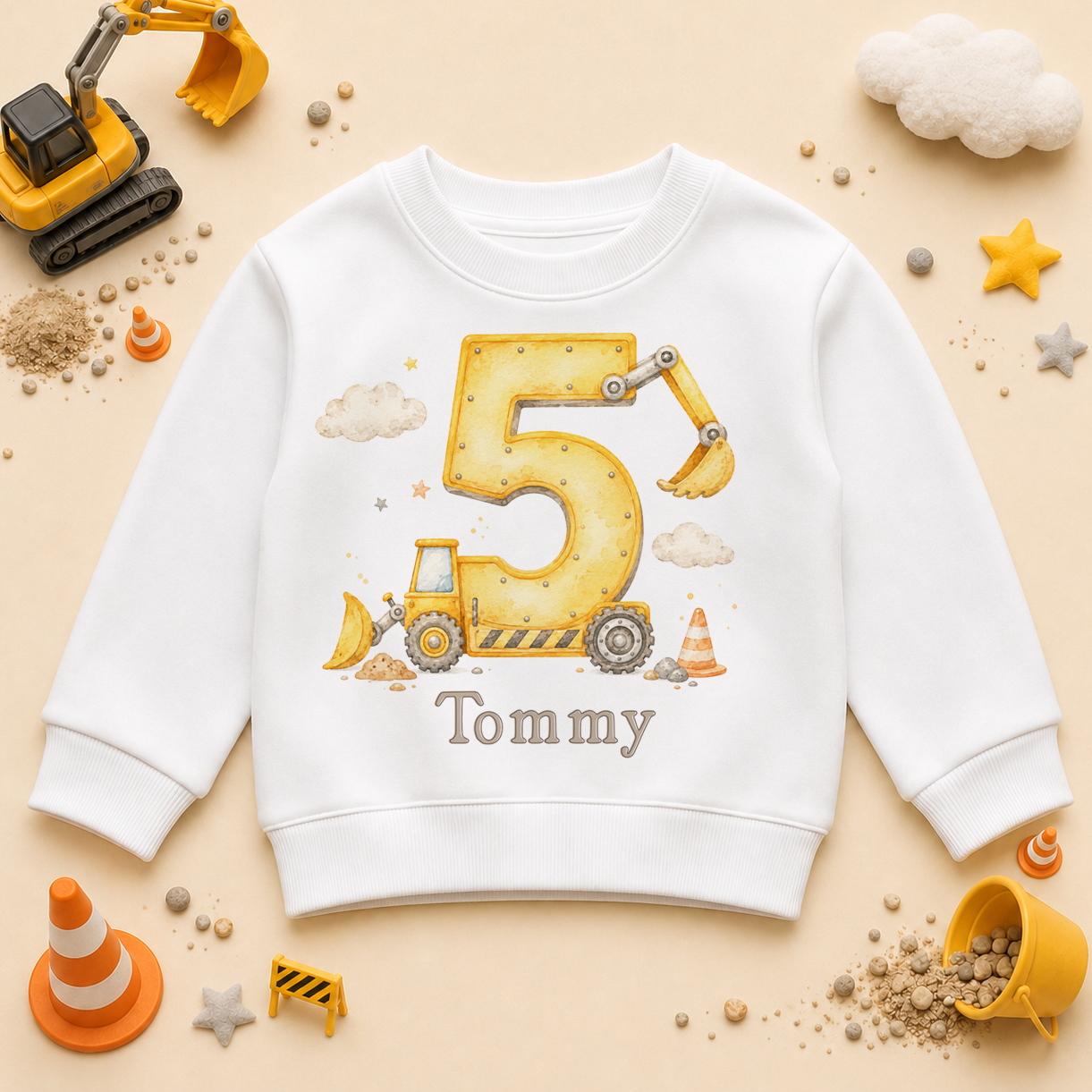 Personalised 5th Birthday Construction Digger Kids Sweatshirt for Boys, Number 5 with Name