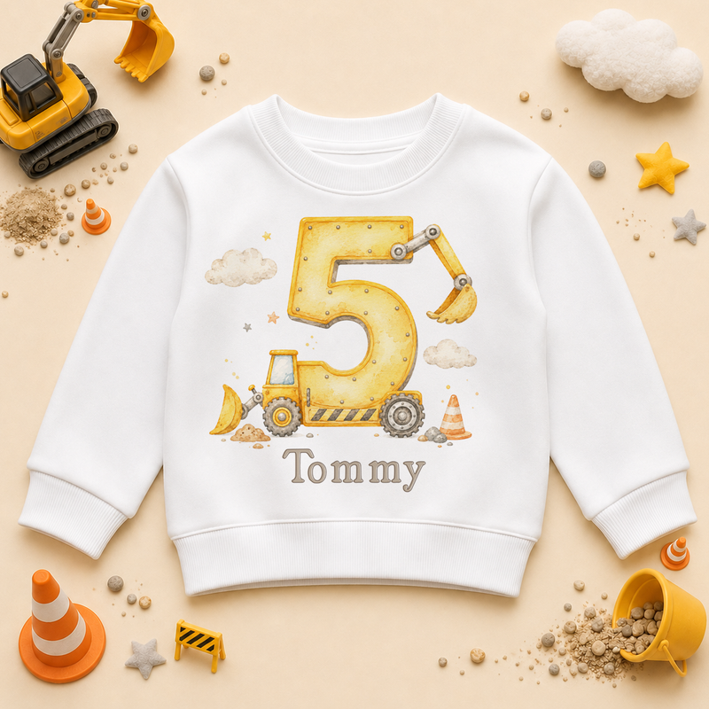 Personalised 5th Birthday Construction Digger Kids Sweatshirt for Boys, Number 5 with Name