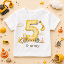 Personalised 5th Birthday Construction Digger Kids T-Shirt for Boys, Number 5 with Name