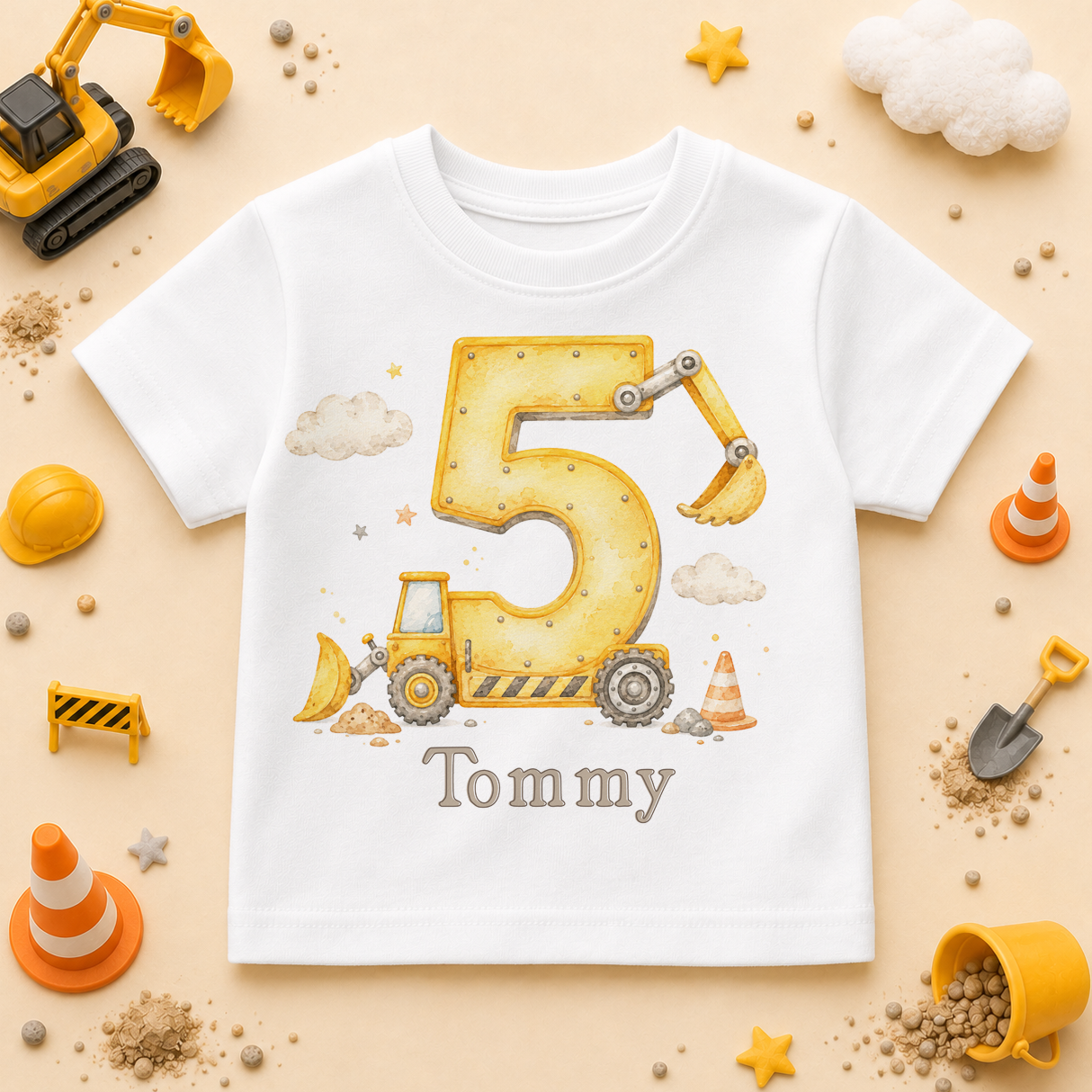 Personalised 5th Birthday Construction Digger Kids T-Shirt for Boys, Number 5 with Name