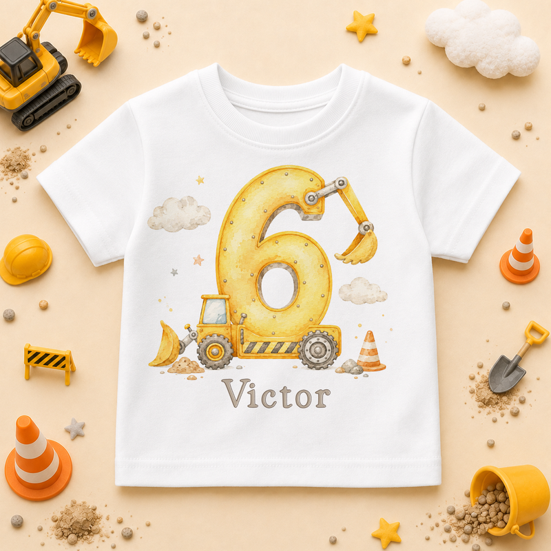 Personalised 6th Birthday Construction Digger Kids T-Shirt for Boys, Number 6 with Name