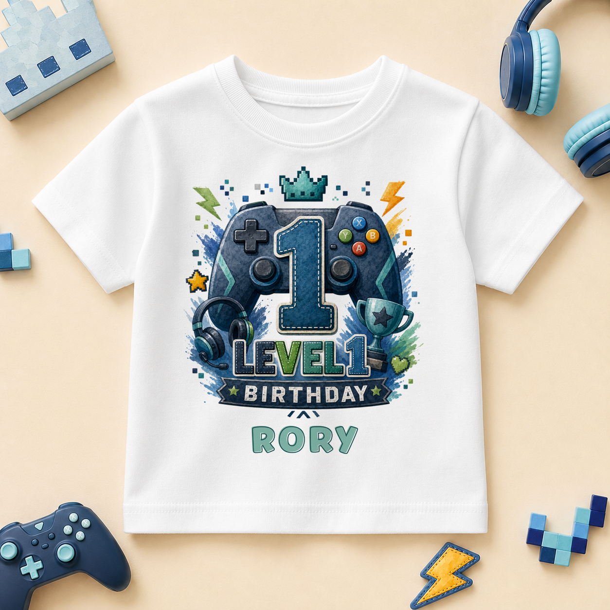 Personalised 1st Birthday Gaming Kids T-Shirt for Boys, Level 1 Unlocked with Name