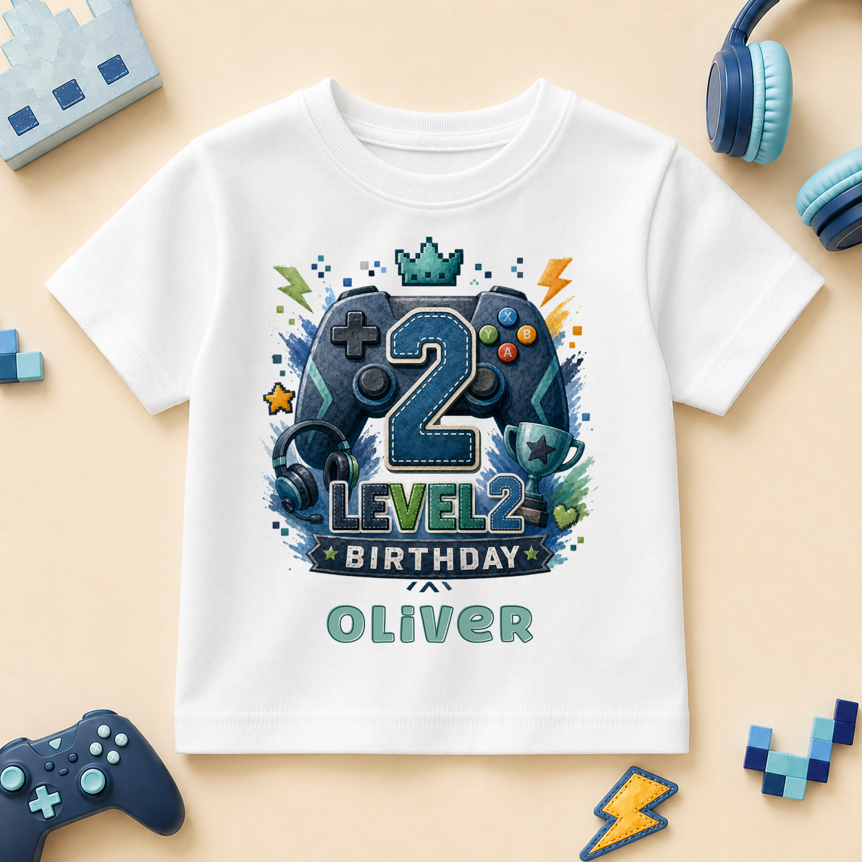 Personalised 2nd Birthday Gaming Kids T-Shirt for Boys, Level 2 Unlocked with Name