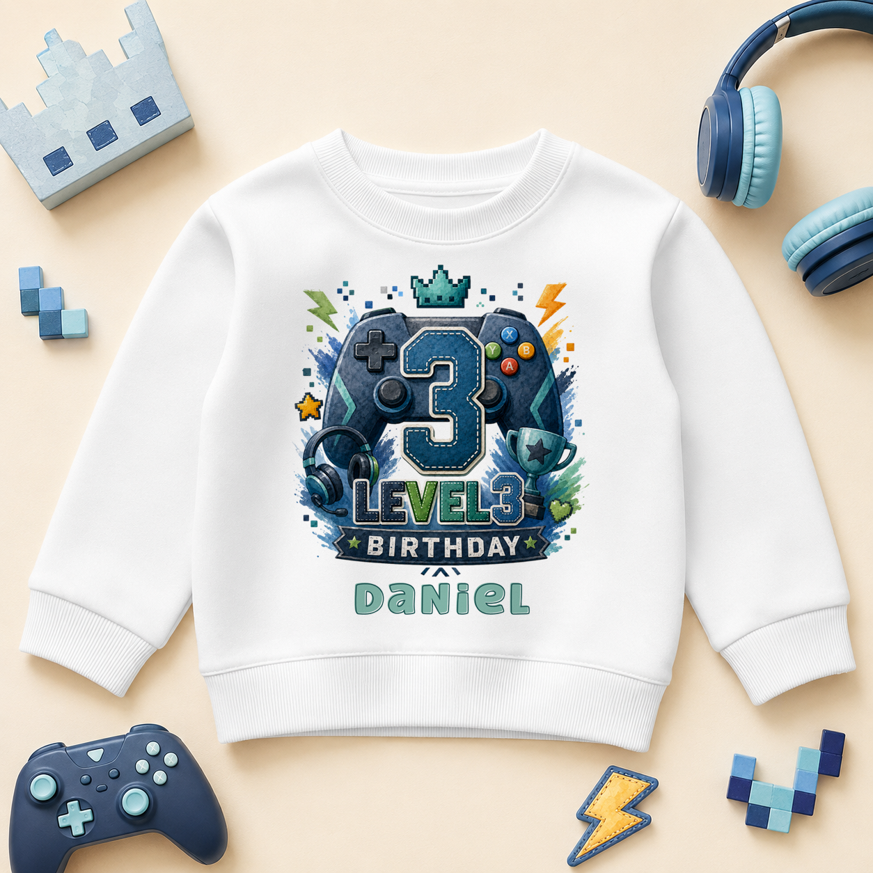 Personalised 3rd Birthday Gaming Kids Sweatshirt for Boys, Level 3 Unlocked with Name