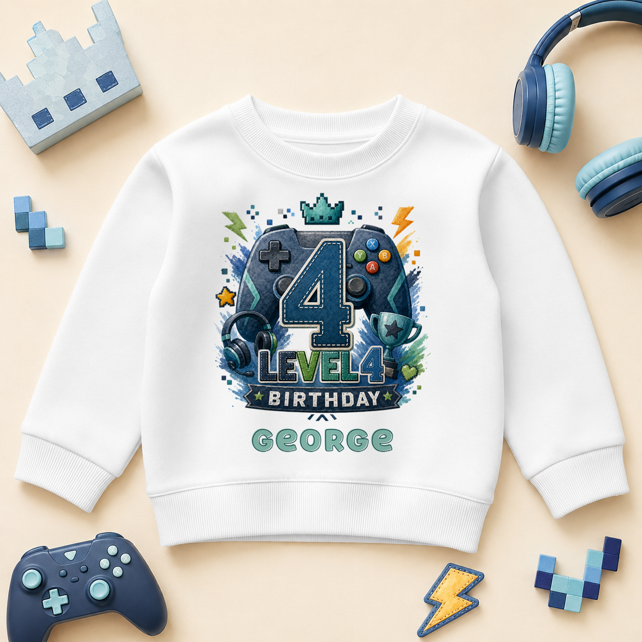 Personalised 4th Birthday Gaming Kids Sweatshirt for Boys, Level 4 Unlocked with Name