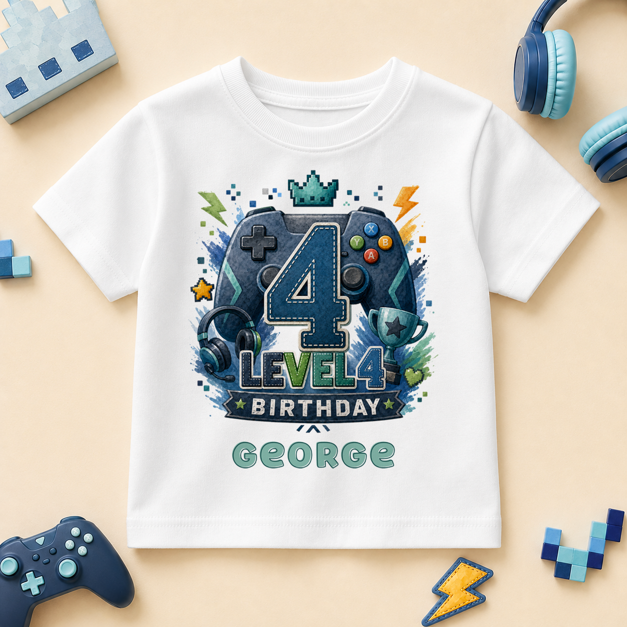 Personalised 4th Birthday Gaming Kids T-Shirt for Boys, Level 4 Unlocked with Name