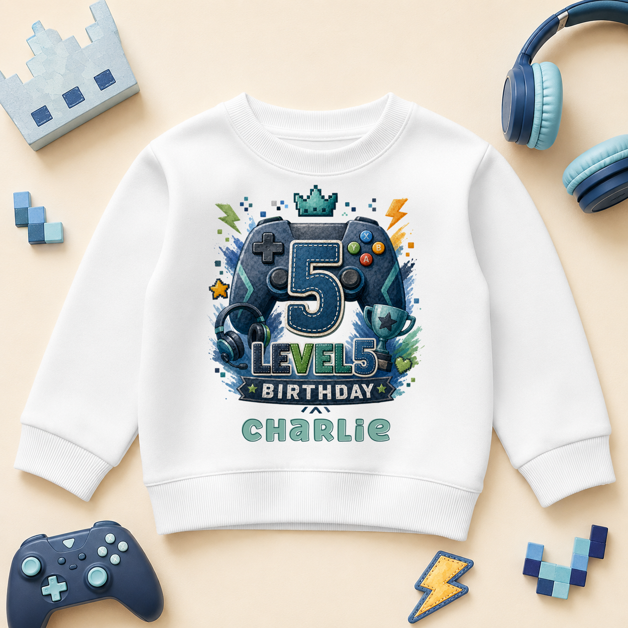 Personalised 5th Birthday Gaming Kids Sweatshirt for Boys, Level 5 Unlocked with Name