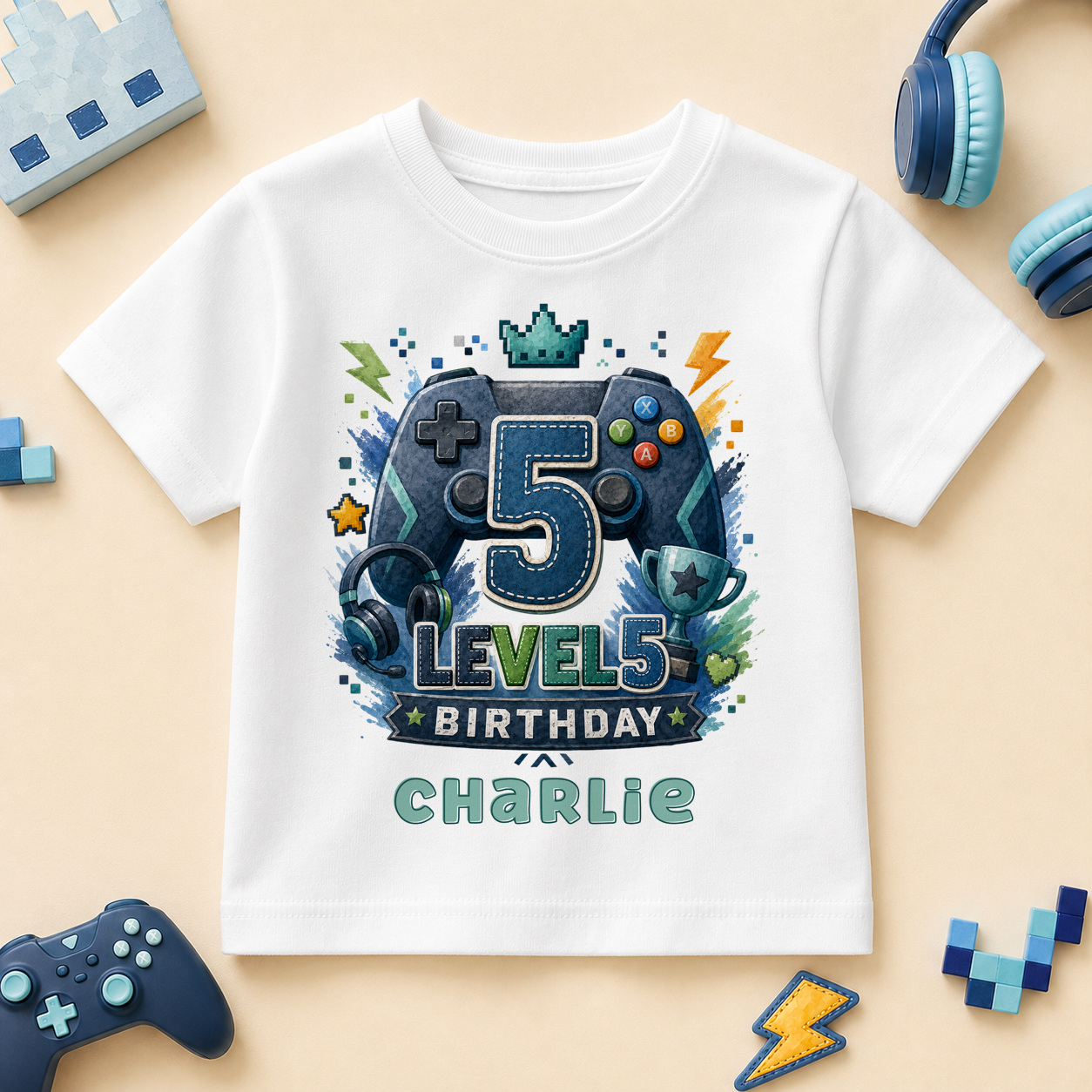 Personalised 5th Birthday Gaming Kids T-Shirt for Boys, Level 5 Unlocked with Name
