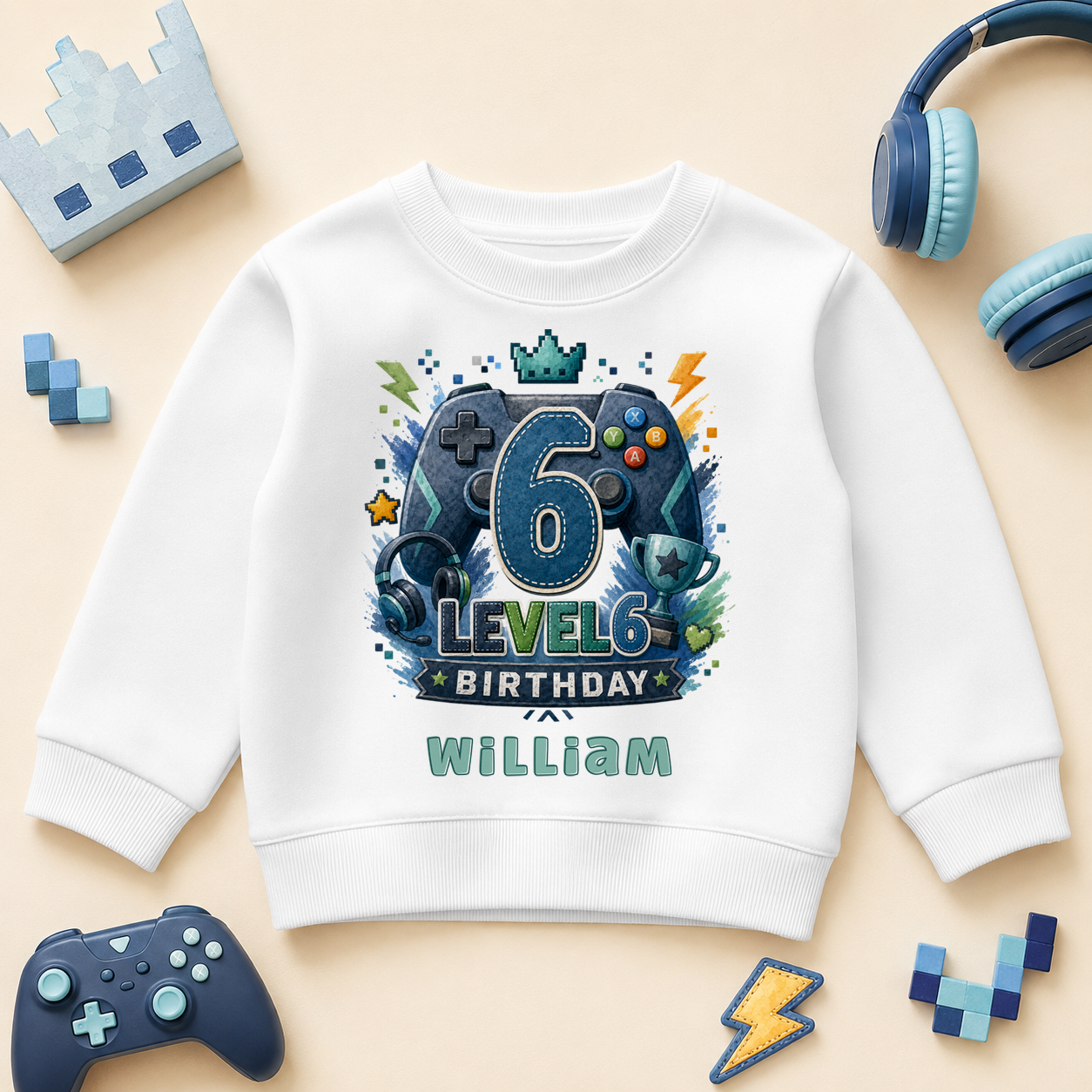 Personalised 6th Birthday Gaming Kids Sweatshirt for Boys, Level 6 Unlocked with Name