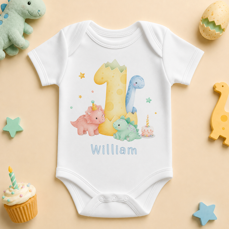Personalised 1st Birthday Dinosaur Baby Vest Bodysuit for Boys, Pastel Number One with Name