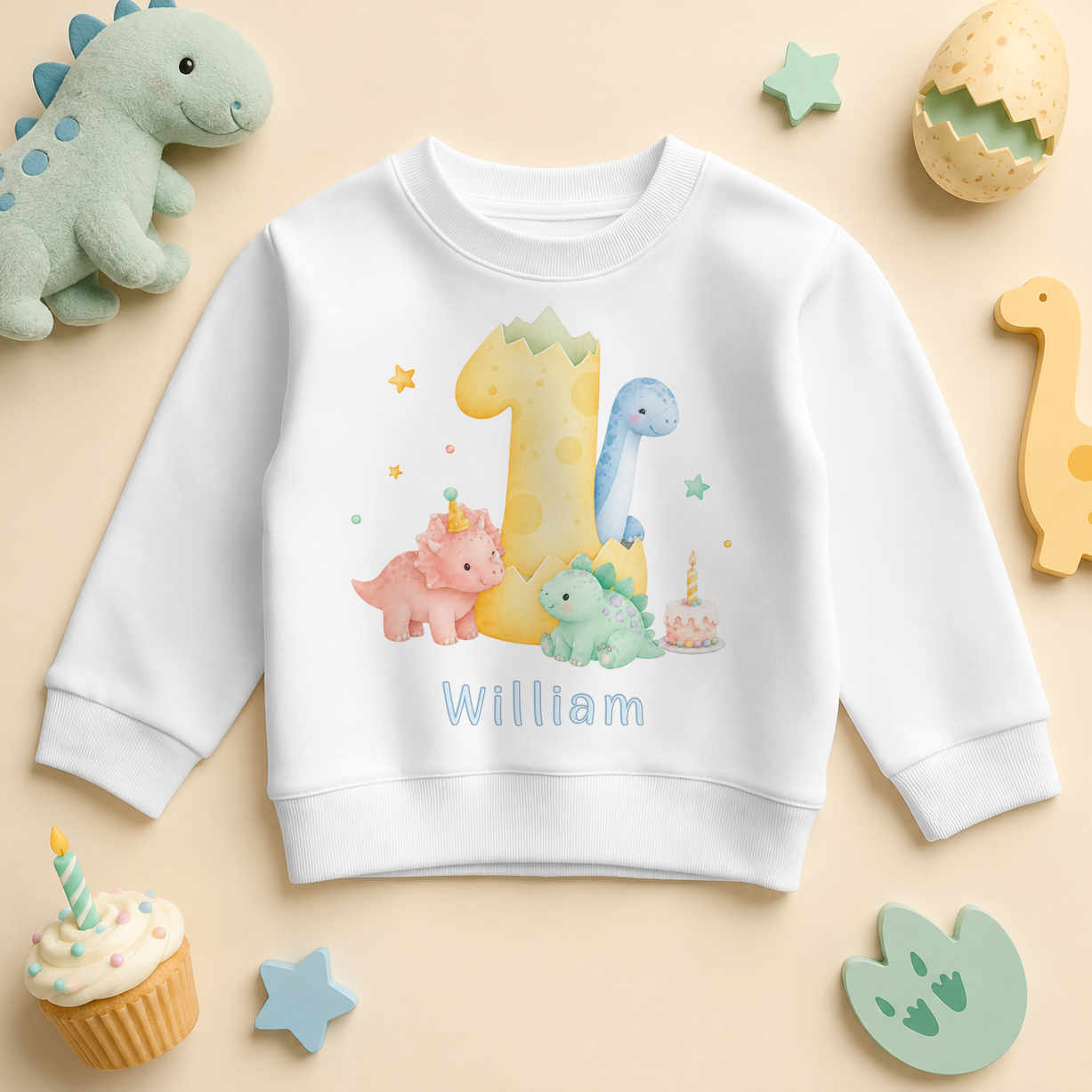 Personalised 1st Birthday Dinosaur Kids Sweatshirt for Boys, Pastel Number One with Name