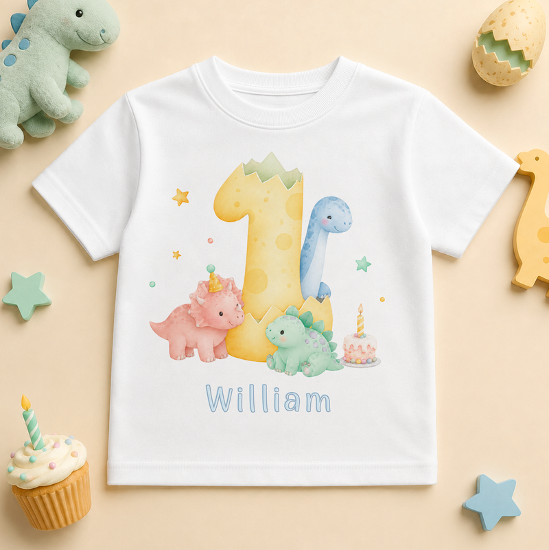 Personalised 1st Birthday Dinosaur Kids T-Shirt for Boys, Pastel Number One with Name