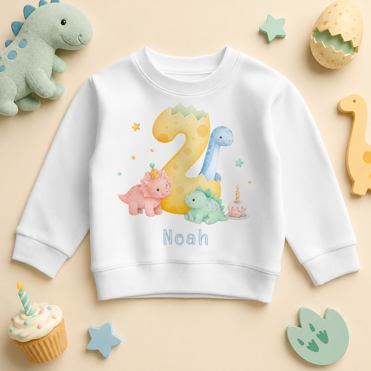 Personalised 2nd Birthday Dinosaur Kids Sweatshirt, Pastel Number Two with Name
