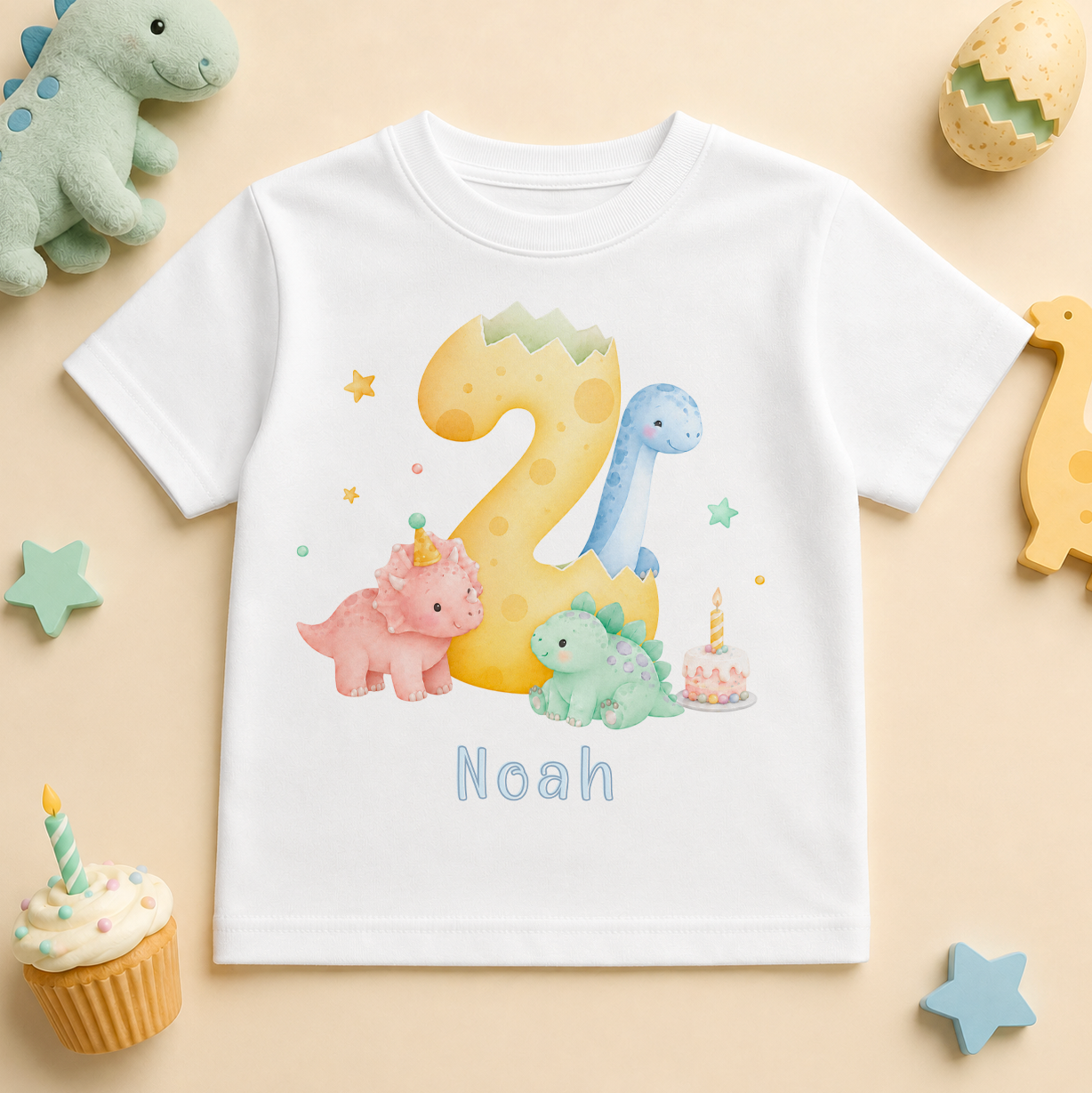 Personalised 2nd Birthday Dinosaur Kids T-Shirt, Pastel Number Two with Name