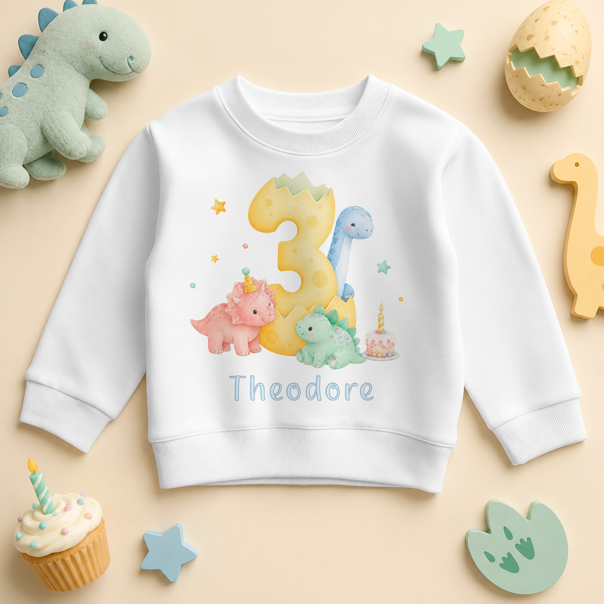 Personalised 3rd Birthday Dinosaur Kids Sweatshirt, Pastel Number Three with Name