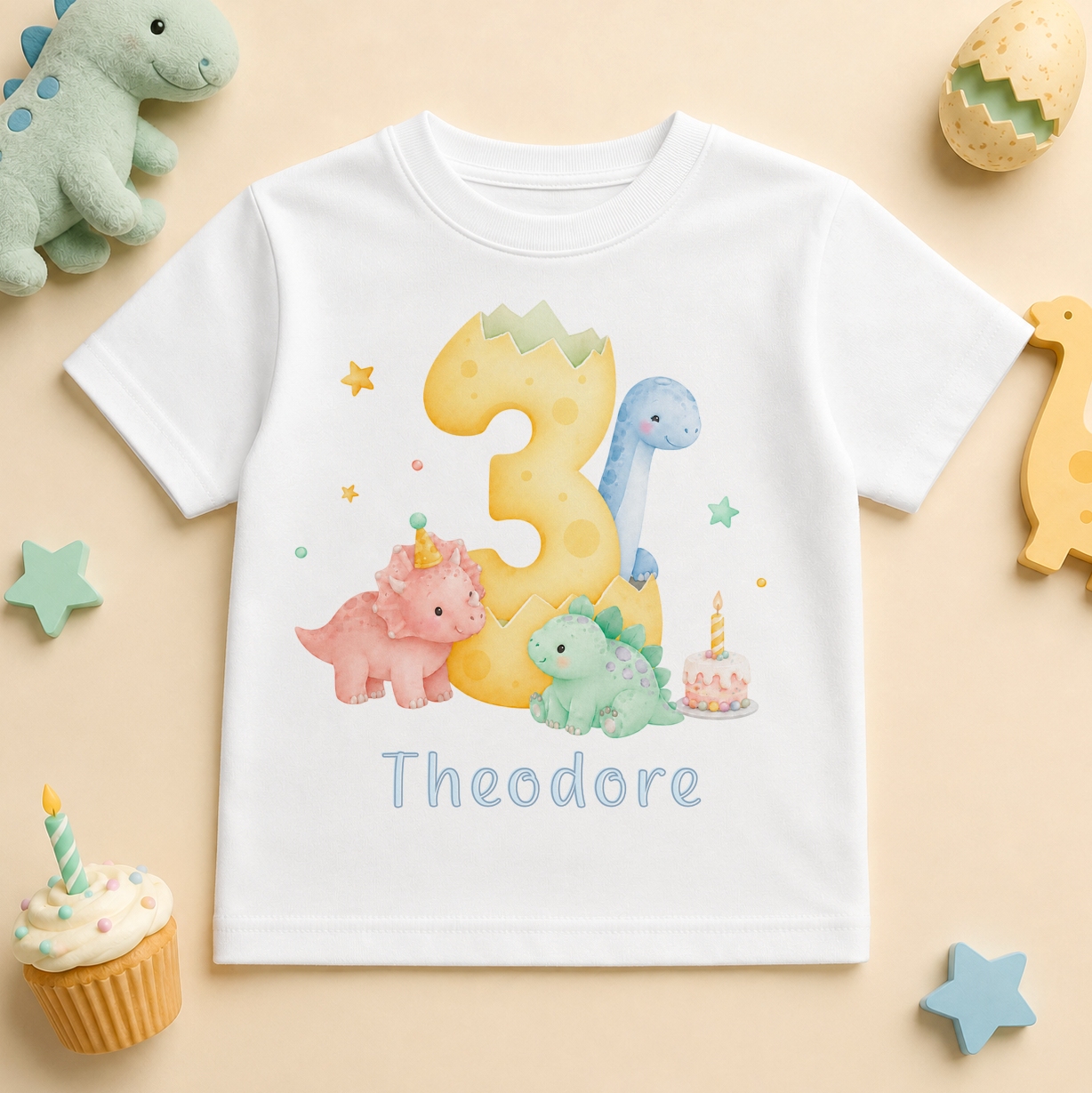 Personalised 3rd Birthday Dinosaur Kids T-Shirt, Pastel Number Three with Name