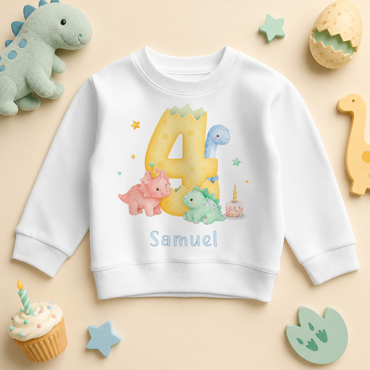 Personalised 4th Birthday Dinosaur Kids Sweatshirt, Pastel Number Four with Name