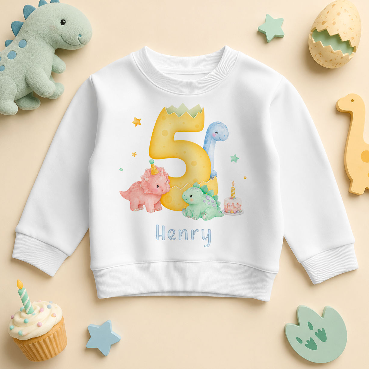 Personalised 5th Birthday Dinosaur Kids Sweatshirt, Pastel Number Five with Name
