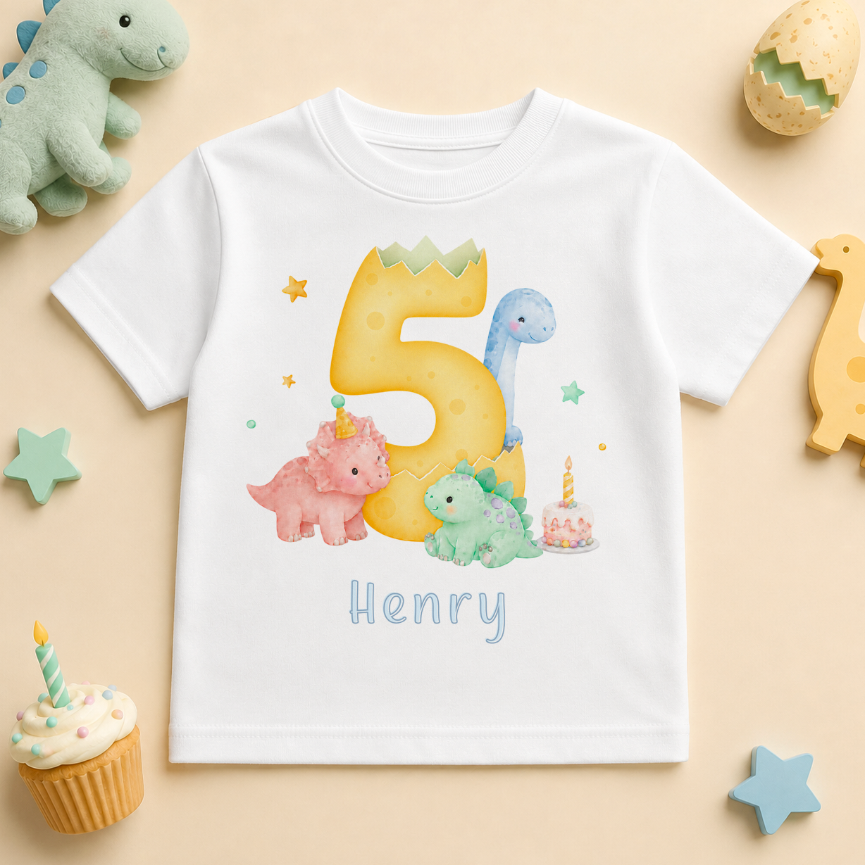 Personalised 5th Birthday Dinosaur Kids T-Shirt, Pastel Number Five with Name