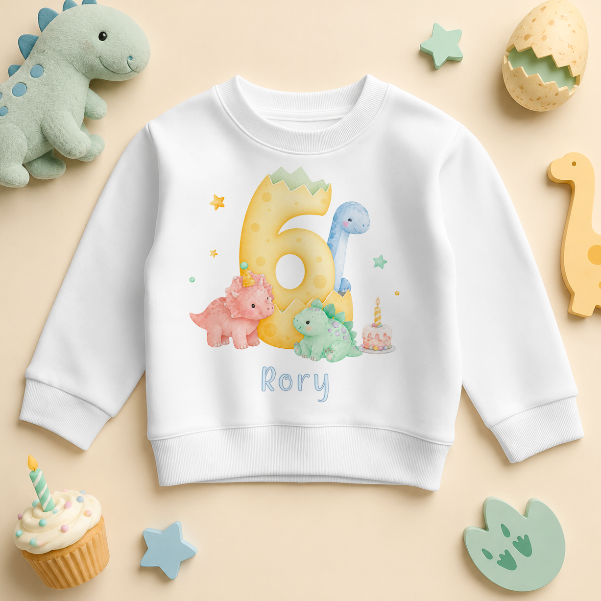 Personalised 6th Birthday Dinosaur Kids Sweatshirt, Pastel Number Six with Name