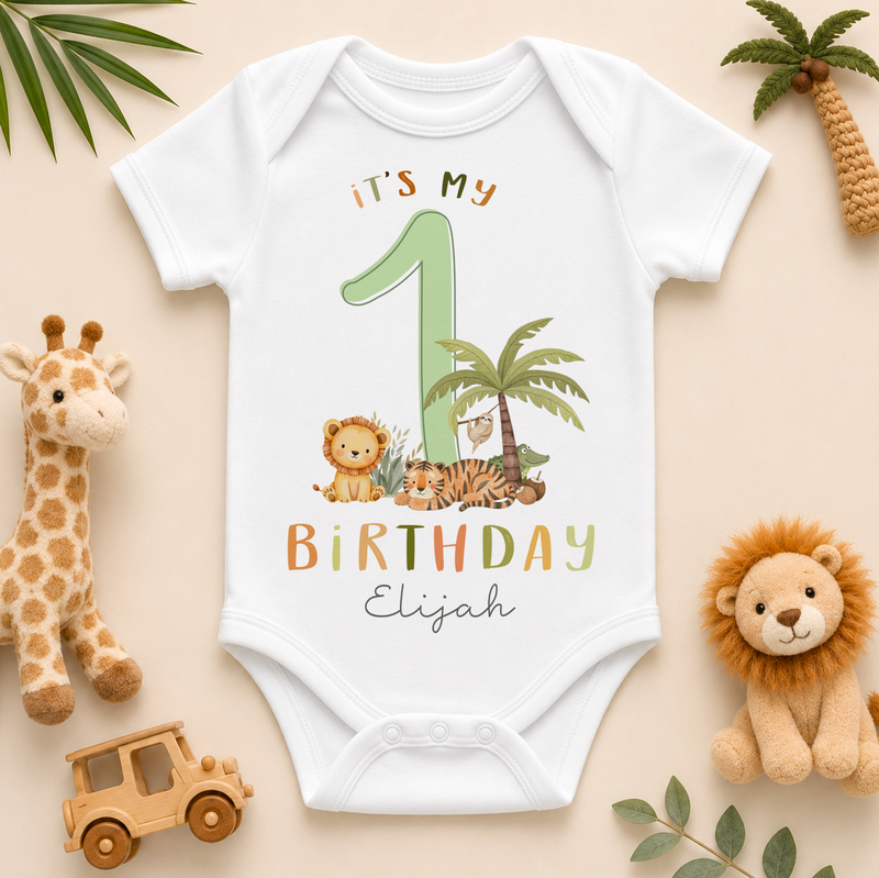 Personalised 1st birthday safari baby vest bodysuit, lion tiger and palm tree