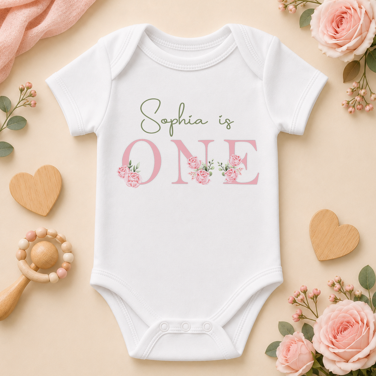 Personalised 1st birthday floral baby vest bodysuit for girls, pink roses
