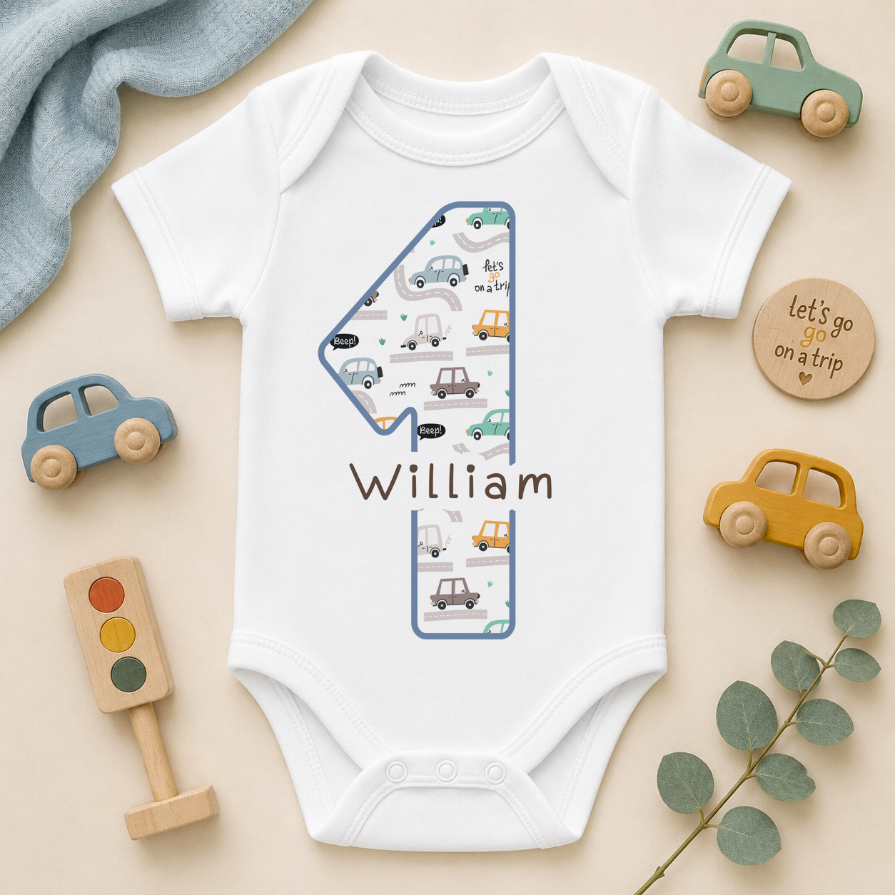 Personalised 1st Birthday Cars Baby Vest Bodysuit for Boys, Number 1 with name