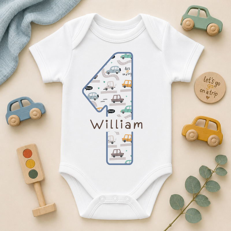 Personalised 1st Birthday Cars Baby Vest Bodysuit for Boys, Number 1 with name
