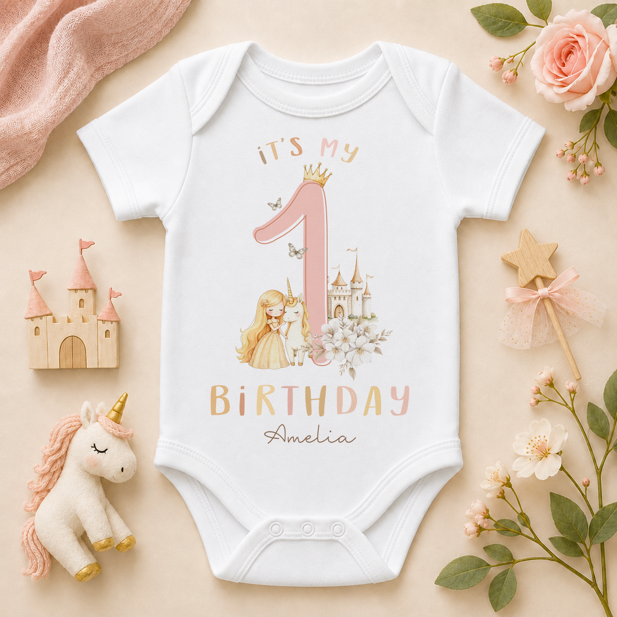 Personalised 1st Birthday Princess Baby Vest Bodysuit for Girls, Number 1 with name
