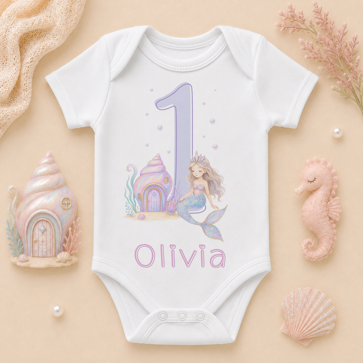 Personalised 1st birthday mermaid baby vest bodysuit, seashell house