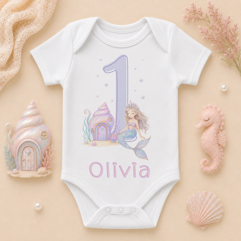 Personalised 1st birthday mermaid baby vest bodysuit, seashell house