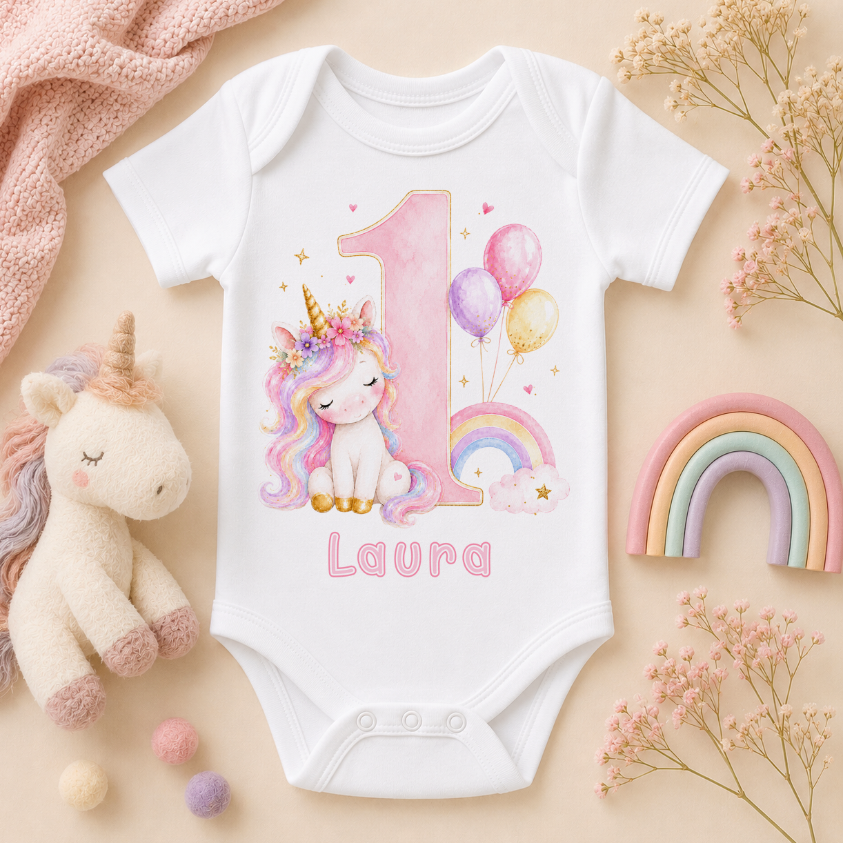 Personalised 1st birthday unicorn baby vest bodysuit for girls, pink rainbow balloons
