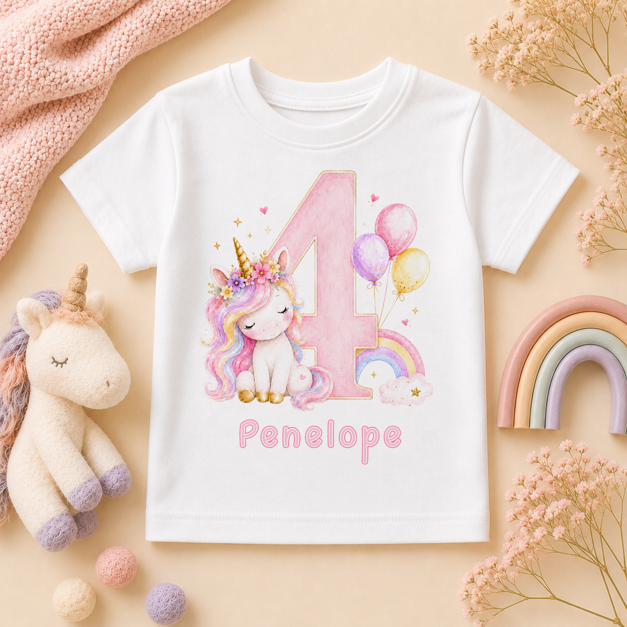 Personalised 4th Birthday Unicorn T-Shirt for Girls, pink unicorn with rainbow mane and number 4