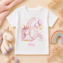 Personalised 6th Birthday Unicorn T-Shirt for Girls & Kids, Pink Rainbow Balloons