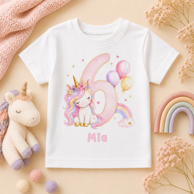 Personalised 6th Birthday Unicorn T-Shirt for Girls, pink unicorn with rainbow mane and number 6