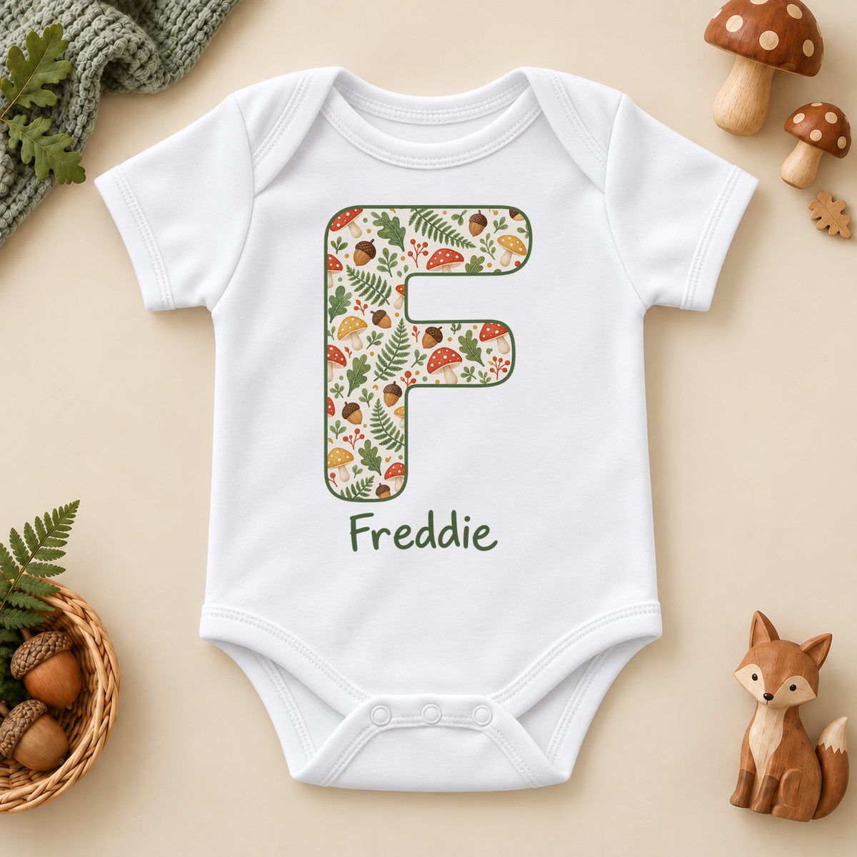 Personalised Woodland Initial Baby Vest Bodysuit; example name shown.