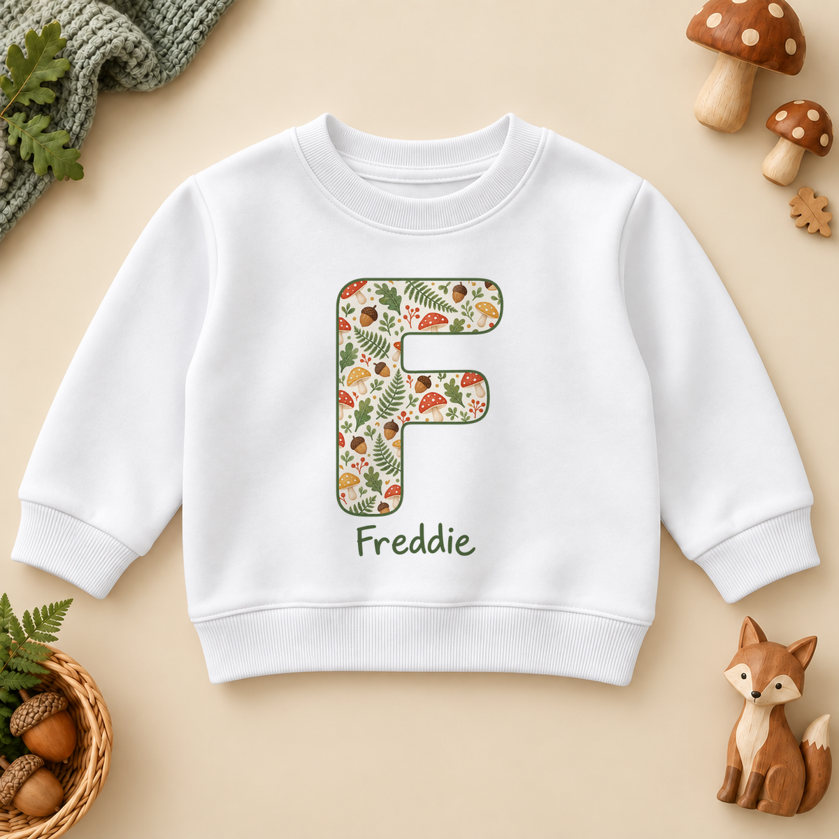 Personalised Woodland Initial Sweatshirt for Kids; example name shown.
