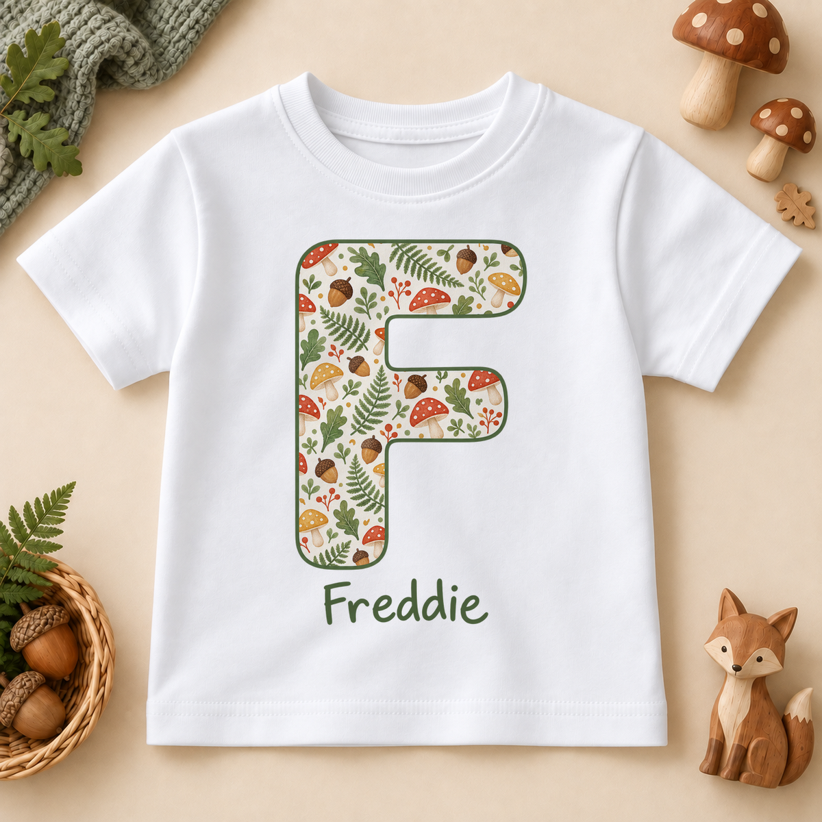 Personalised Woodland Initial T-Shirt for Kids; example name shown.