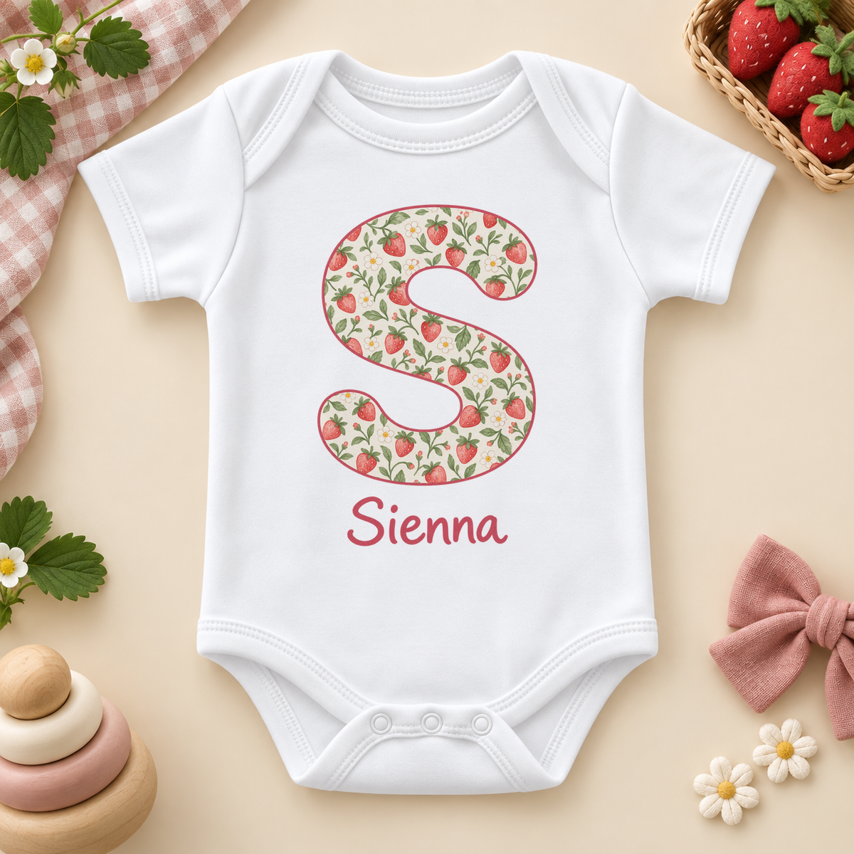 Personalised Strawberry Initial Baby Vest Bodysuit; example name shown.